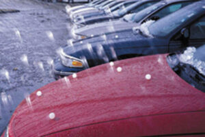 A group of cars parked in a parking lot needing someone who took our hail repair training course to fix them.