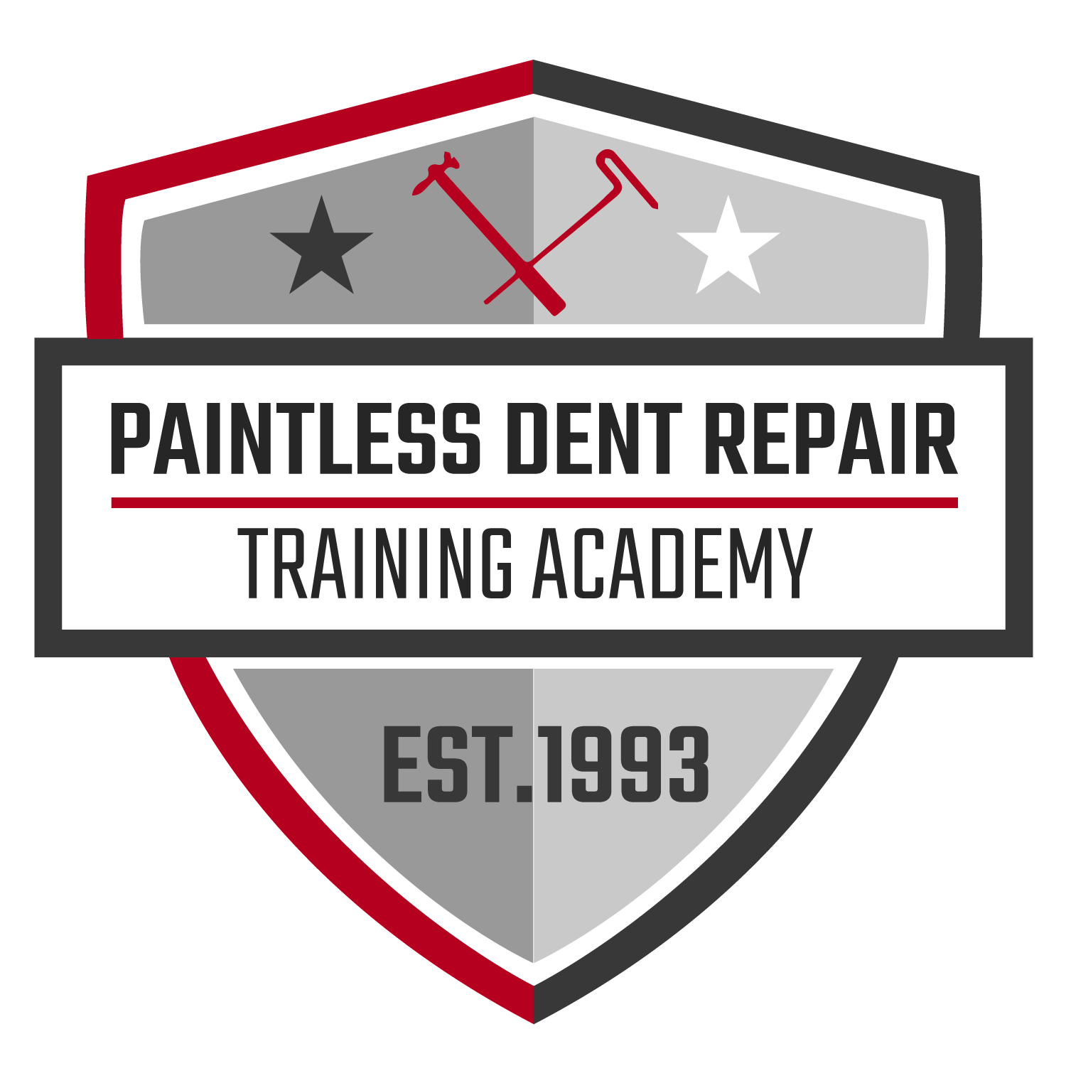 Logo of Mangata V1 paintless dent repair training academy, featuring a shield with crossed tools, stars, and founding year 1993.