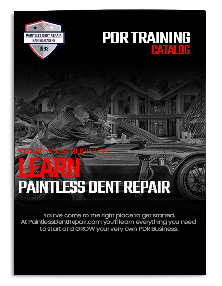 Advertisement for the Paintless Dent Repair Training Academy catalog featuring an image of a person working on a car dent with tools, with text promoting business opportunities in dent repair.