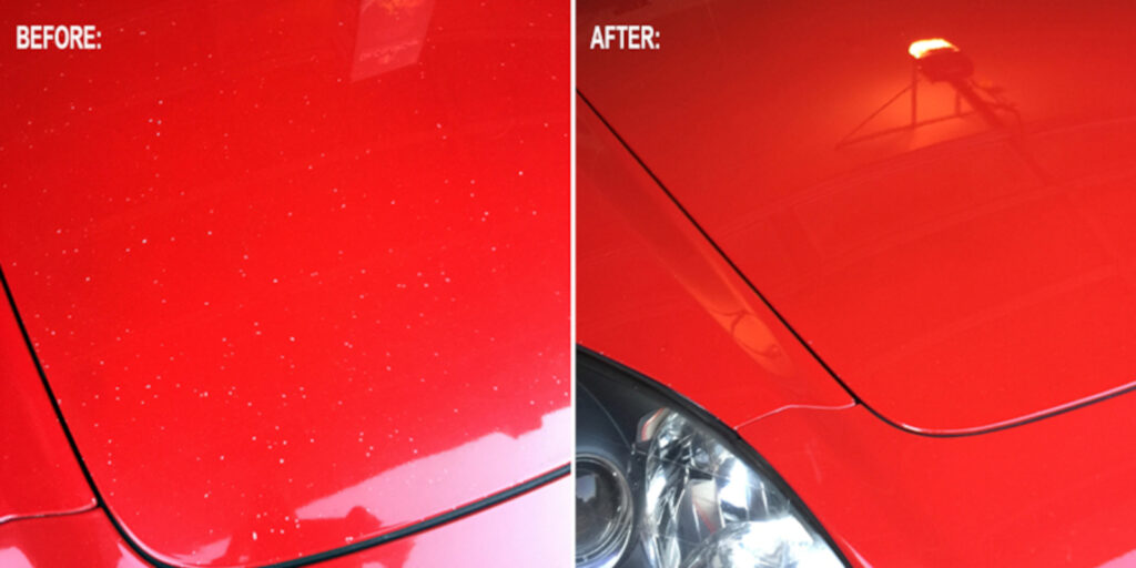 Comparison of a car hood before and after cleaning with a paint touch-up, showing a dusty surface on the left and a clean, shiny surface on the right.