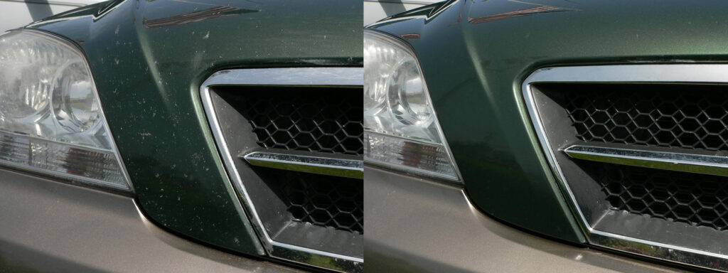 A side-by-side image of the front section of a green car, highlighting the headlight and grille, which appears dusty with some visible leaf debris and minor paint touch-ups.