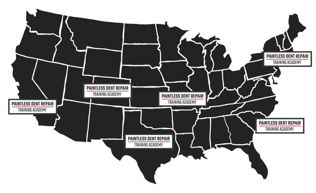 Map of the USA with labels for "PDR Training Academy" locations spread across multiple states.