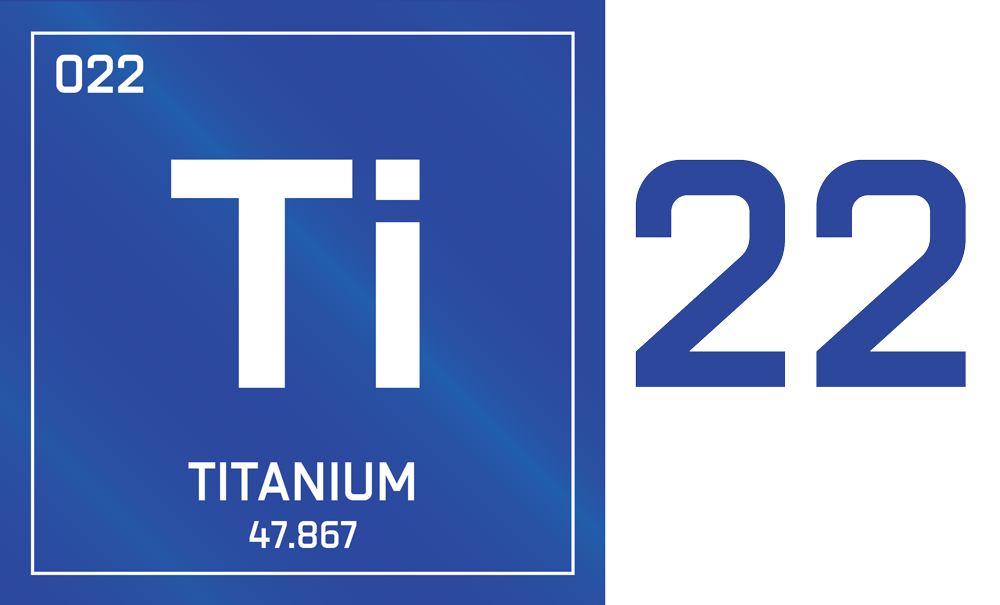 A graphic representation of the titanium element from the periodic table, displaying its symbol "Ti", atomic number "22", and atomic weight "47.867" with a ceramic coating on a blue background.