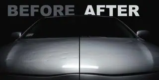 Split image showing a car's hood: left side labeled "before" is scratched and dull due to hail, right side labeled "after" is smooth and shiny following hail repair training.