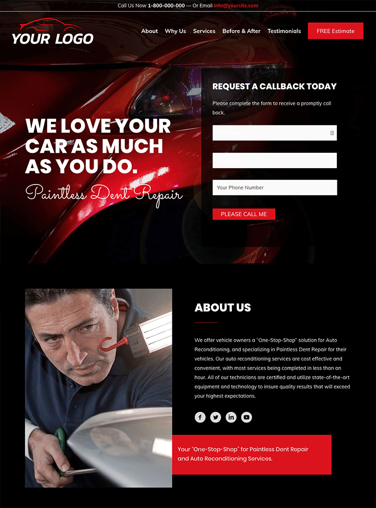 Webpage for an auto body shop specializing in PDR (Paintless Dent Repair) featuring a header with logo and contact information, a promotional banner for dent repair, a form to request a callback,